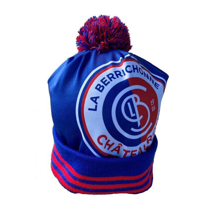 Blue/red pompom beanie